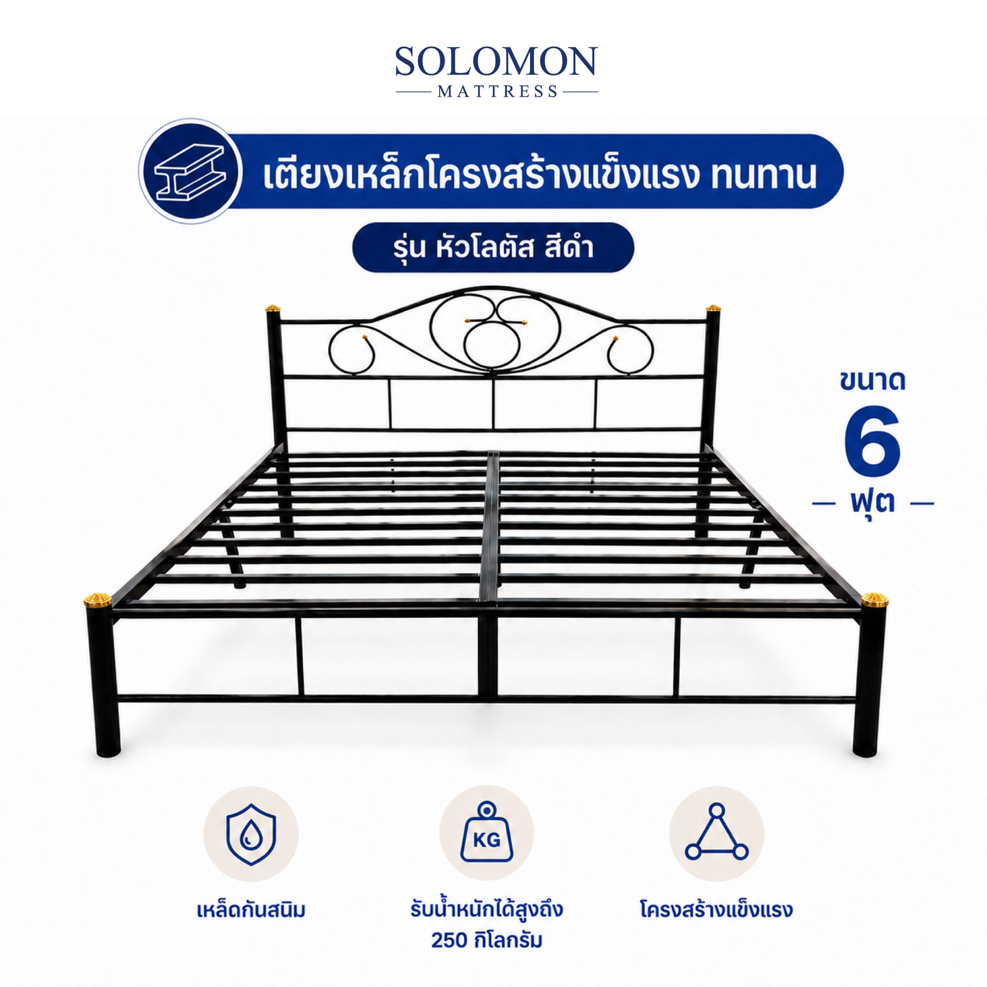 เตียงเหล็ก 6 ฟุต SOLOMON รุ่น หัวโลตัส สีดำ_0